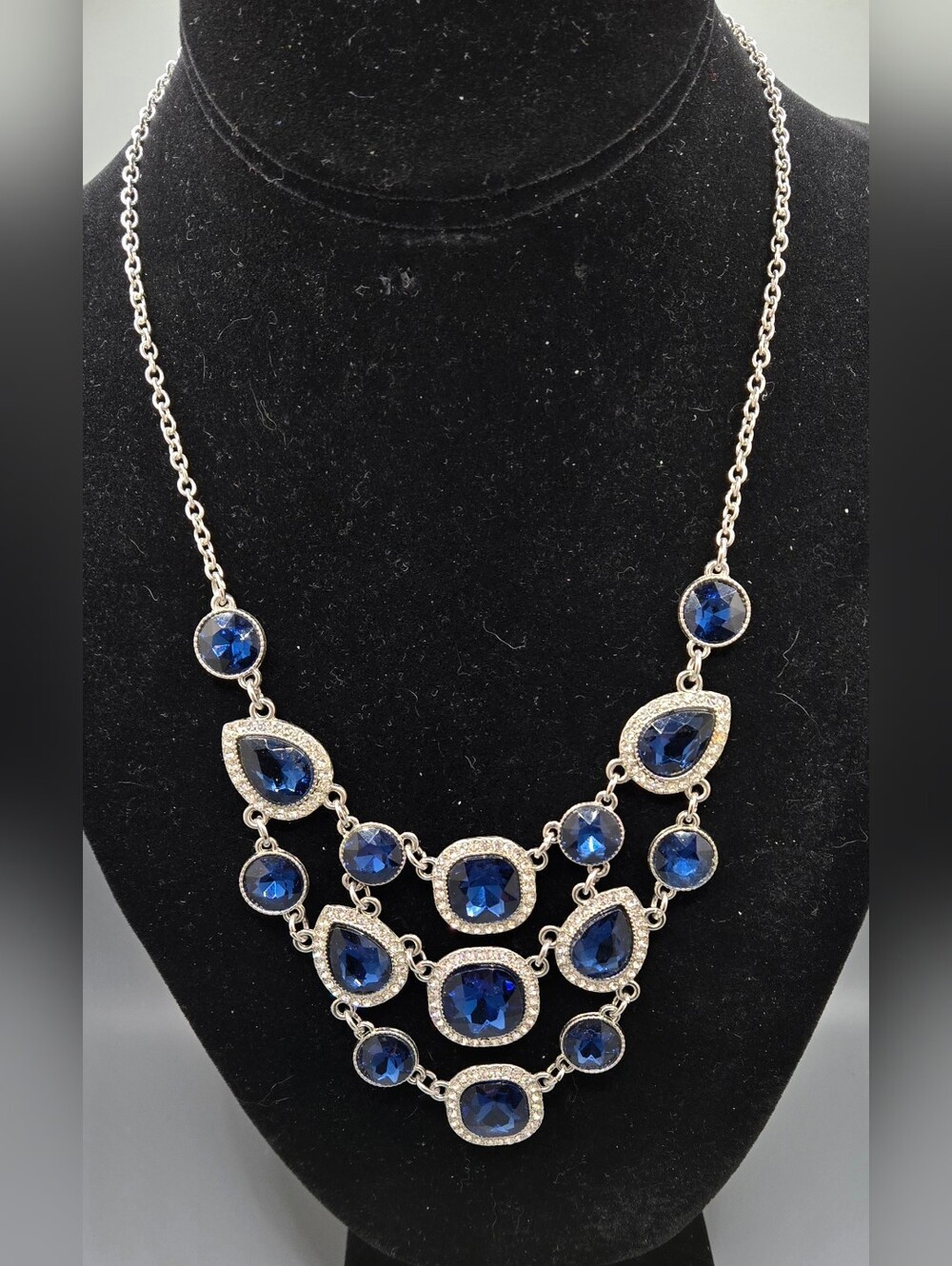 Monet Necklace Silver Tone w/ Deep Blue Glass Crystals & Small Clear Crystals